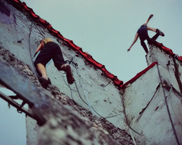 Image similar to lomo photo of roofjumpers climbing on roof of soviet hrushevka, small town, cinestill, bokeh, out of focus