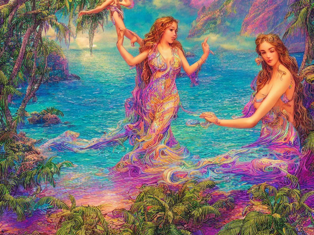 Image similar to Island beach cove of my wildest dreams, iridescent, Kauai, Sunlight Study, by Hans Zatzka and (((((((Lisa Frank))))))), Art Nouveau, 8k