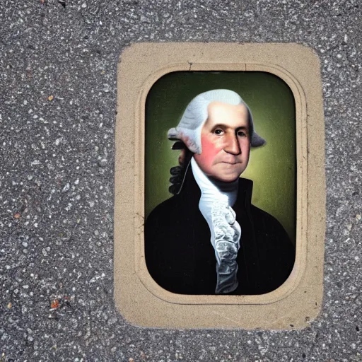 Image similar to high quality portrait photo of george washington on the sidewalk, wide angle