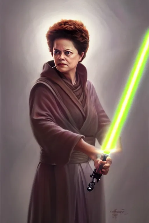 Image similar to breathtaking detailed concept art painting of a jedi dilma rousseff holding a lightsaber, by hsiao - ron cheng, exquisite detail, extremely moody lighting, 8 k