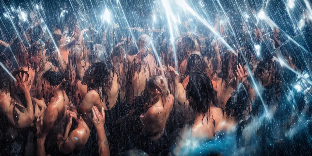 Image similar to wet complex, colored lasers, people, skin, smoke, god rays, hair, wet metal reflections, mirrors, infinite, close up, skin, wet, ultra detailed, group of people