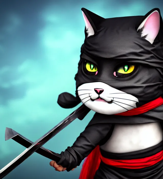 Image similar to a high detail shot of a cute chibi ninja cat wearing rags, holstering sword, realism, 8 k, fantasy,