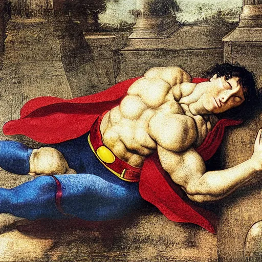 Prompt: superman sleeping in a playground, painting by leonardo da vinci, highly detailed