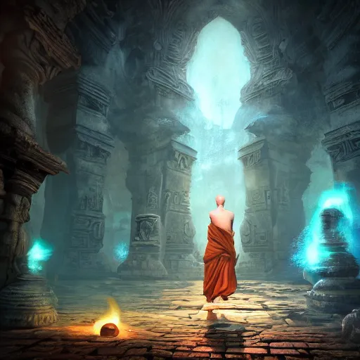 Prompt: mage monk in lost temple, unreal engine, digital, artstation, detailed illustration, heavenly atmosphere, digital art, overdetailed art, concept art, complementing colors, trending on artstation, cgstudio, the most beautiful image ever created, dramatic, subtle, details, award winning artwork, beautiful scenery