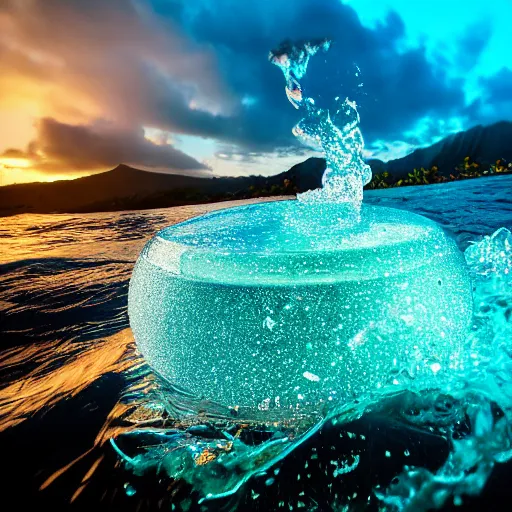 Image similar to 4 k sony a 7 wide angle photo stainless steel shiny reflective boombox speaker half submerged in water with a wave rolling over it in hawaii at dusk with neon lighting