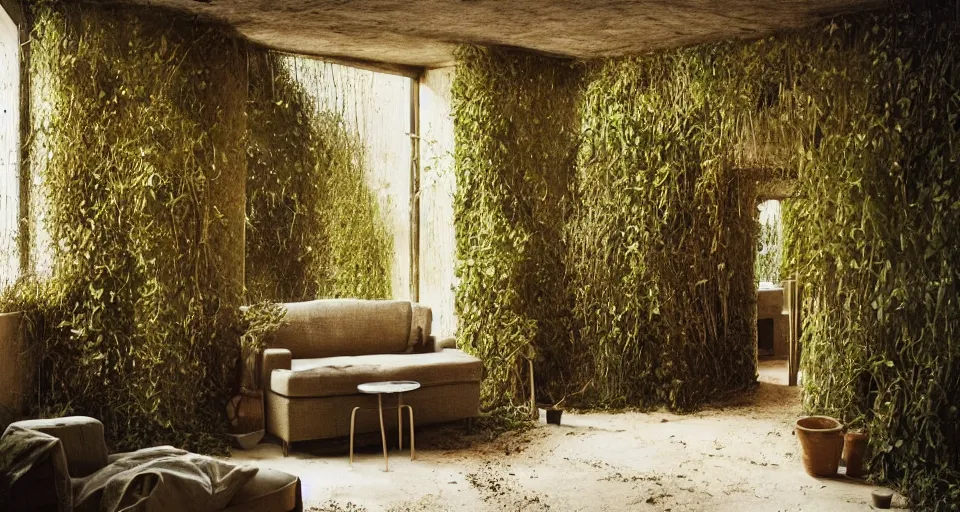 Image similar to IKEA catalogue photo, high end farm house style living room, sand piled in corners, dust, organic, vines, overgrown, tropical, by Beksiński