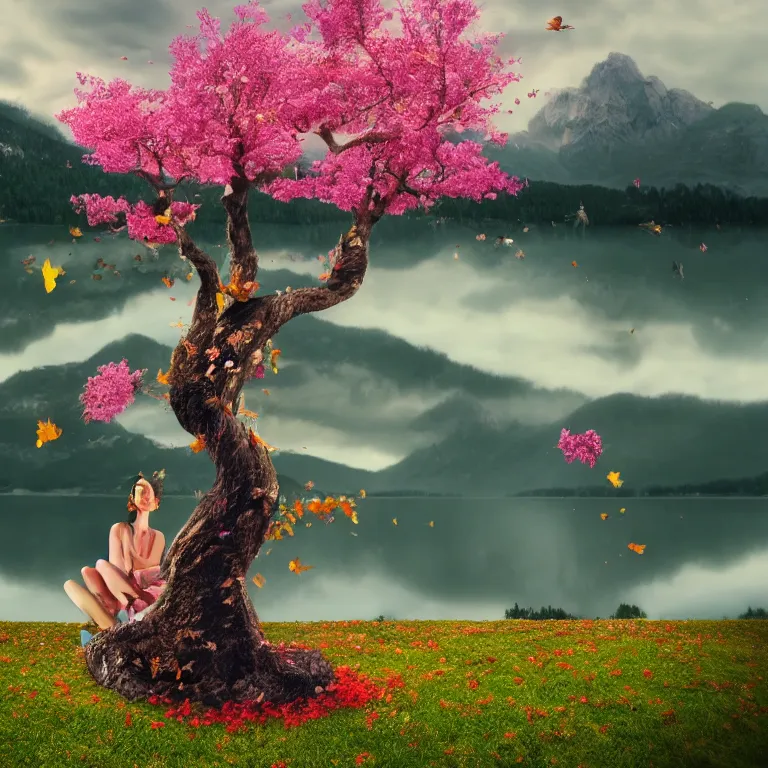 Prompt: a beautiful awesome artistic tree, woman seating close to a tree, tree with falling flowers like leaves and many birds, all in the amazing outdoors view, mountain in the background, lake, long exposure, 8 k resolution, trending on artstation