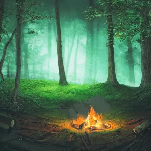 Prompt: green screen of beautiful close up, zoom up campfire in the woods at night, warmth, stylized, artgerm, artstation, hd, cgsociety, cgi, realistic, dramatic, cinematic, artistic, trending, detailed