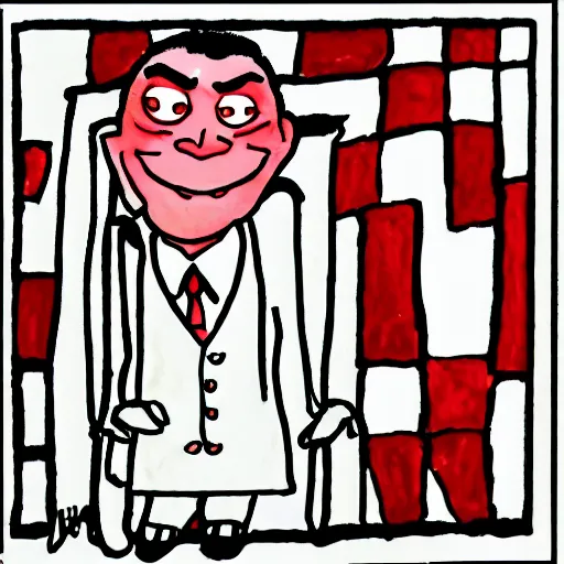 Image similar to red on white background ms paint doodle of group portrait of mr bean grey goblin looking funny looking smug - w 7 6 8