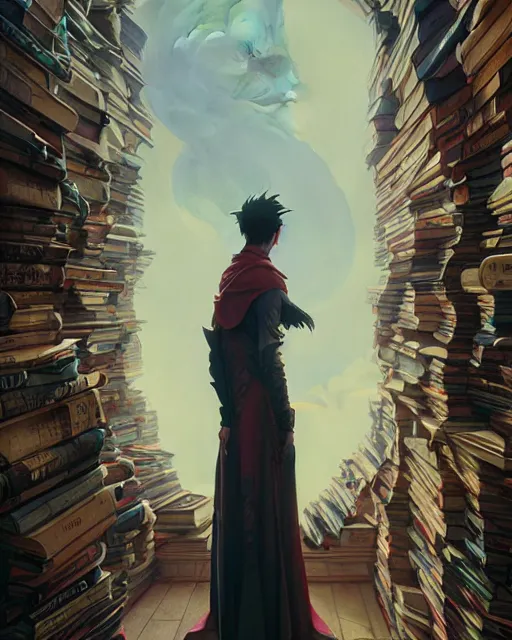 Image similar to highly detailed surreal vfx portrait of a villain in a castle of books, stephen bliss, unreal engine, greg rutkowski, loish, rhads, beeple, makoto shinkai and lois van baarle, ilya kuvshinov, rossdraws, tom bagshaw, alphonse mucha, global illumination, detailed and intricate environment