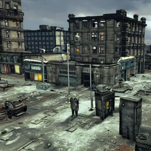 Prompt: Edinburgh in ruins post nuclear war, Fallout 4, in game screenshot