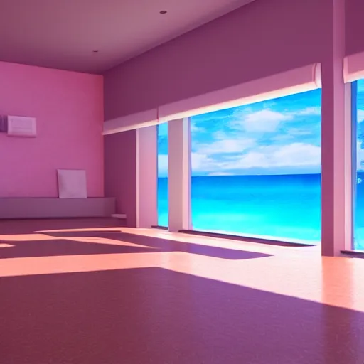 Prompt: A sunlit indoor lounge area with a pool with clear water and another pool with translucent pastel pink water, next to a big window, digital art, trending on Artstation