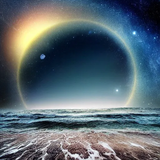 Image similar to a photo taken by shore of the ocean on an alien planet that shows the water all the way to the horizon and the night sky that has many colorful galaxies and stars in it