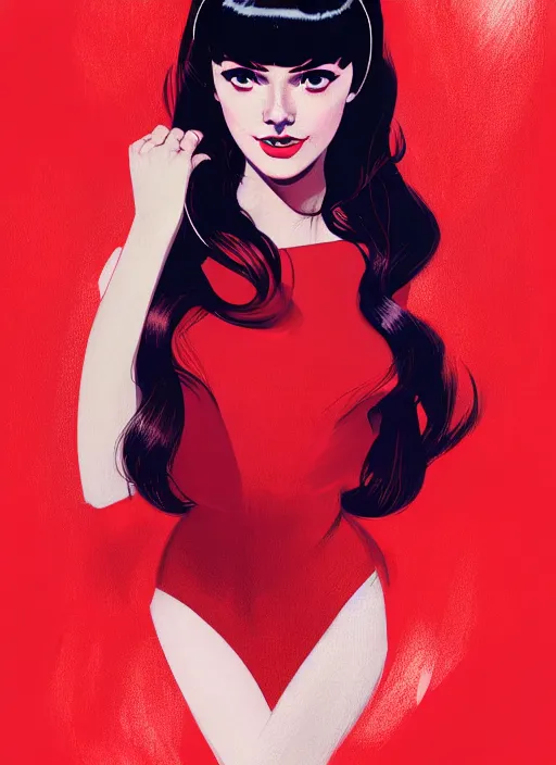 Image similar to portrait of veronica lodge with bangs, 1 9 6 0 s, long hair, red clothes, bangs, intricate, elegant, glowing lights, highly detailed, digital painting, artstation, concept art, smooth, sharp focus, illustration, art by wlop, mars ravelo and greg rutkowski