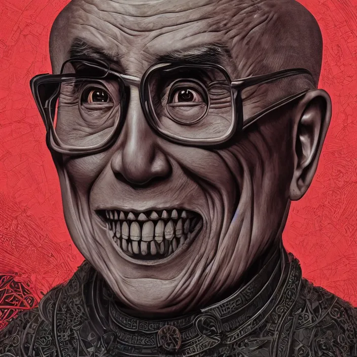 Prompt: portrait of Dalai Lama as skeleton. intricate abstract. intricate artwork. nightmare fuel. by Tooth Wu, wlop, beeple, dan mumford. octane render, trending on artstation, greg rutkowski very coherent symmetrical artwork. cinematic, hyper realism, high detail, octane render, 8k, iridescent accents