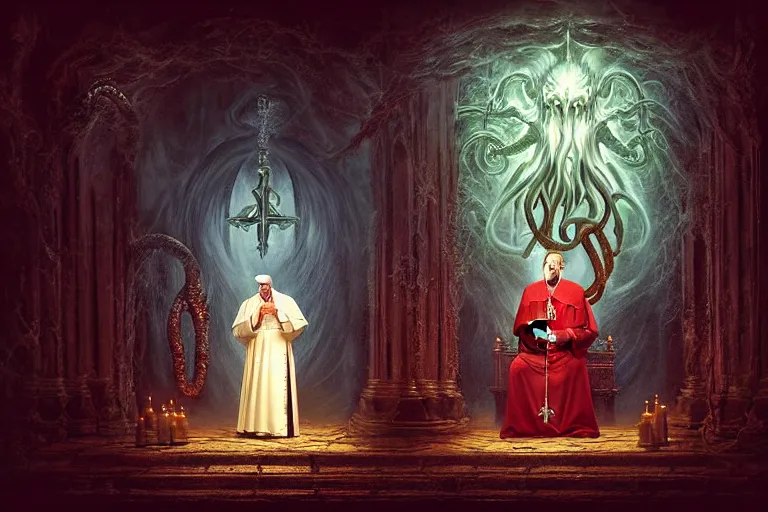 Image similar to photography group circle pope priest in an invoking ritual in front of a viscosity cthulhu within a lovecraft portal in a baroque intricate church, atmospheric lighting, rich deep colors masterpiece, fractal crystals, fantasy portrait by tom bagshaw