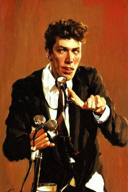 Prompt: kramer holding a microphone on stage, painting by jc leyendecker!! phil hale!, angular, brush strokes, painterly, vintage, crisp