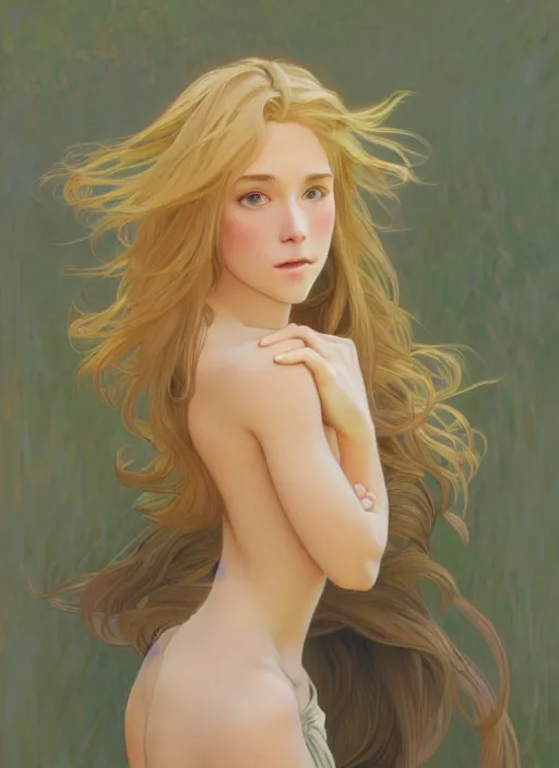 Image similar to pretty young man with shoulder length shiny shimmering golden blond hair, half body shot, path traced, highly detailed, high quality, digital painting, by studio ghibli and alphonse mucha, leesha hannigan, hidari, disney