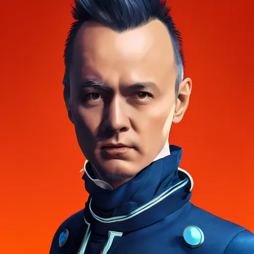 Image similar to rimuru tempest as ilya kovshinov, highly detailed, professional digital painting, concept art, extreme illustration, unreal engine 5, photorealism, hd quality, 8 k, black jacket with high collar, cinematic, art by andy warhol, artgerm, yoshitaka amano, color block