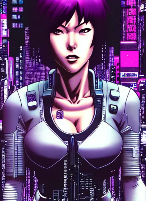 Image similar to motoko kusanagi in grungy cyberpunk megacity, intricate and finely detailed, cyberpunk vaporwave, portrait by j scott campbell, phil jimenez, ilya kuvshinov