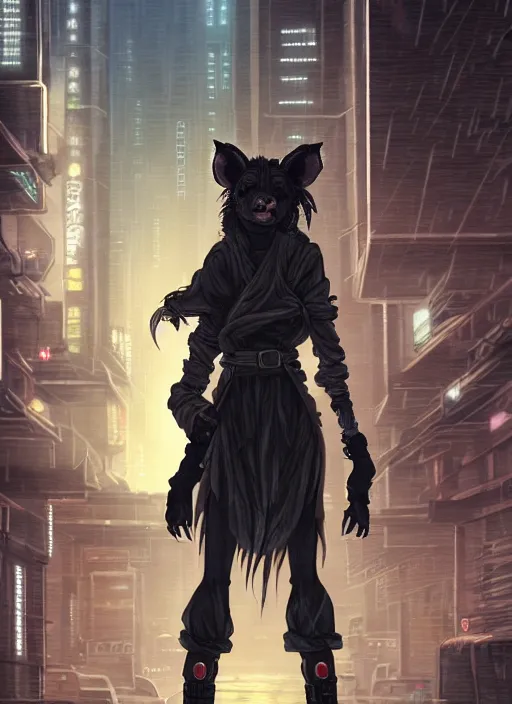 Image similar to character portrait of a female anthro hyena fursona with long black curly hair wearing jedi robes in a cyberpunk city at night while it rains. hidari, color page, tankoban, 4K, tone mapping, Akihiko Yoshida.