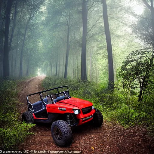 Image similar to amazing landscape photo of an off road buggy with a smiling driver inside inside a forest by marc adamus, beautiful dramatic lighting