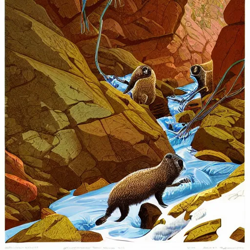 Image similar to painting by kilian eng of a group of marmots playing in a mountain stream, kilian eng