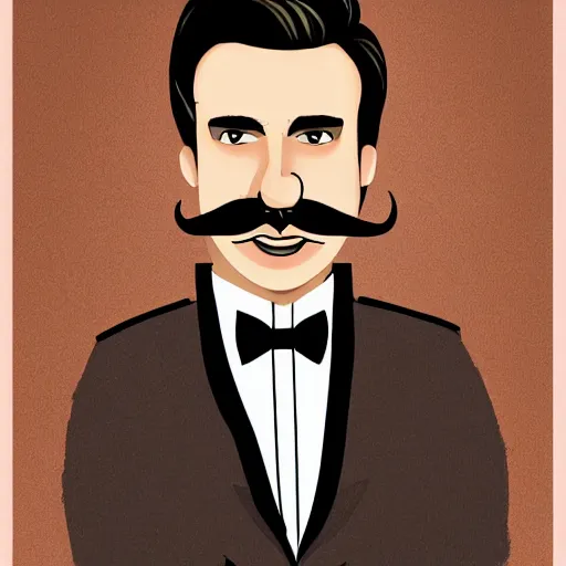 Prompt: a tinder profile for a very successful con man with a big brown mustache and a terrible attitude, digital art