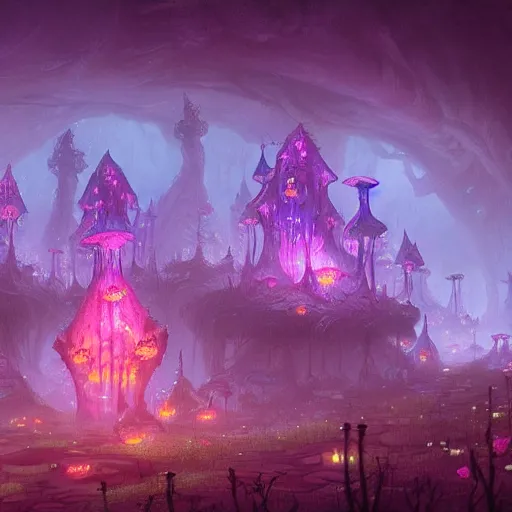 Image similar to concept art detailed painting of a dark purple fantasy fairytale fungal town made of mushrooms, with glowing blue lights, in the style of jordan grimmer and neil blevins and wayne barlowe