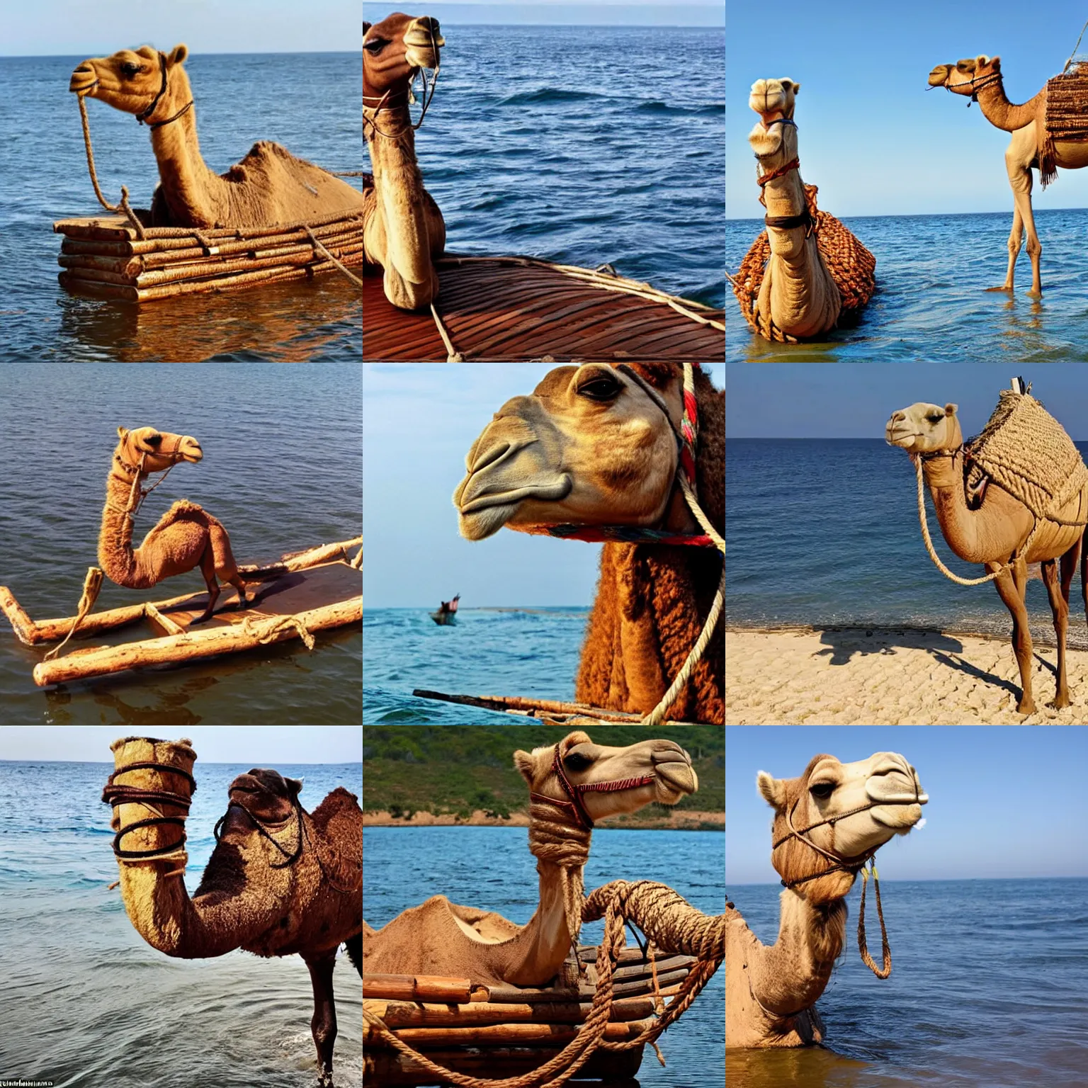 Prompt: a camel sitting on a homemade wooden raft in the ocean made from ropes, wooden logs and barrels