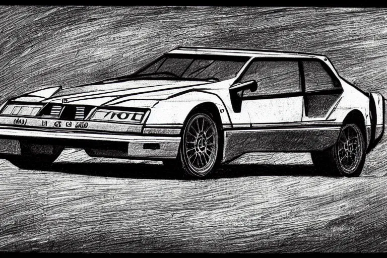 Prompt: ancient sketch by leonardo da vinci of a 1 9 8 8 lancia 0 3 7