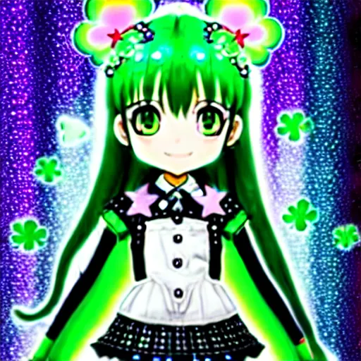 Prompt: a hologram of moe styled green haired yotsuba koiwai with an anonymous mask, wearing a gothic lolita decora spiked jacket, background full of lucky clovers and shinning stars, holography, irridescent