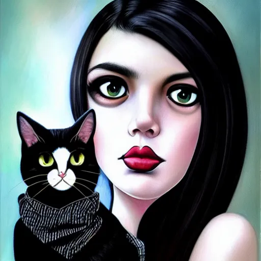 Prompt: a painting of an emo goth mexican girl with long dark hair thick eyebrows dark eyes and dark circles wide nose big eyes oval face shape big cheeks holding her tabby cat, a photorealistic painting by tran nguyen and ilya kuvshinov, featured on deviantart, gothic art, goth, gothic, detailed painting