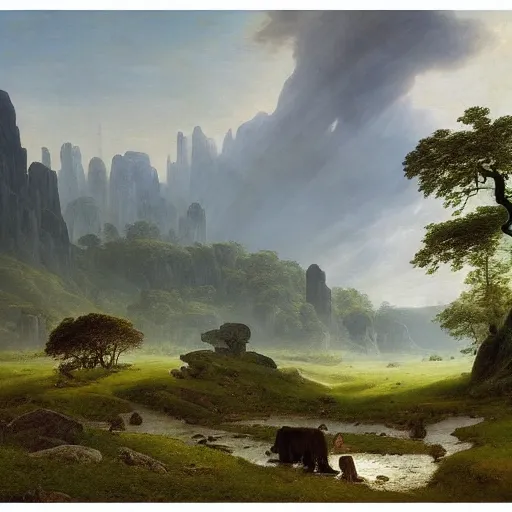 Prompt: pastoral tribute to caspar david friedrich a wide expansive valley with verdant foliage, tall broad oaks, a beautiful pellucid river running betwixt gorgeous igneous rock driven up by glaciers oil paint rendering jonas de ro