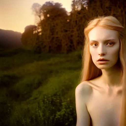 Prompt: photographic portrait of a stunningly beautiful ethereal highlands renaissance female in soft dreamy light at sunset, beside the river, soft focus, contemporary fashion shoot, hasselblad nikon, in a denis villeneuve and tim burton movie, by edward robert hughes, annie leibovitz and steve mccurry, david lazar, jimmy nelsson, extremely detailed, breathtaking, hyperrealistic, perfect face