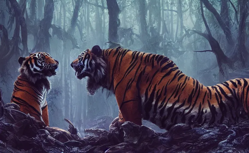 Prompt: a pack of tigers tearing apart and eating a succubus in an ancient bioluminescent forest, ana de armas, flawless symmetrical pretty cute face kissing ecstacy, greg rutkowski, 8 k, shallow depth of field, intricate detail, concept art,