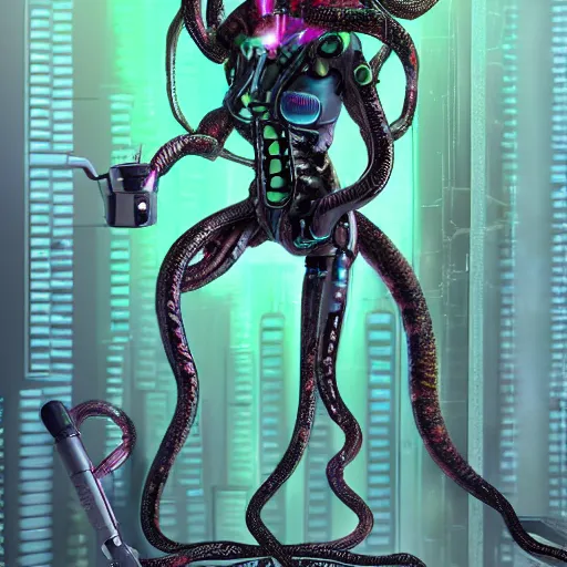 Image similar to the upper torso of a terminator gorgon medusa with borg implants and robotic snakes coming out of her head is hanging from cables and wires off the ceiling of a lab. Her bottom half is missing with cables hanging out. Tiny green led lights in her cybernetics. She is taking a sip from a cup of coffee. very detailed 8k. Horror cyberpunk style.