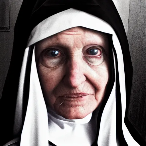 Prompt: an evil nun looking at you in a dark hallway, artstation hall of fame gallery, editors choice, #1 digital painting of all time, most beautiful image ever created, emotionally evocative, greatest art ever made, lifetime achievement magnum opus masterpiece, the most amazing breathtaking image with the deepest message ever painted, a thing of beauty beyond imagination or words