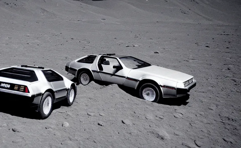 Prompt: a dreamy retro 8 0 s photo of a delorean on the moon, bloomy