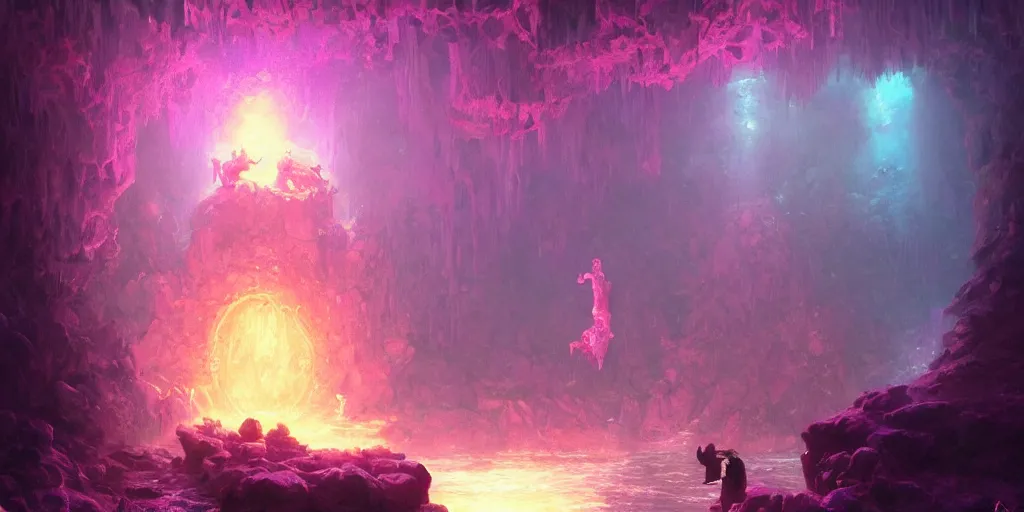 Image similar to giant crystal golem, d & d 5 e creature, bright pink purple lights, underwater, watery caverns, art by greg rutkowski