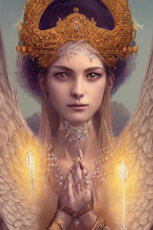 Image similar to A beautiful digital painting of a female Seraphim full of jewels, princess, the moon behind her, intricate, cinematic lighting, highly detailed, digital painting, Artstation, concept art, smooth, sharp focus, illustration, art by Tom Bagshaw, Artgerm and Greg Rutkowski