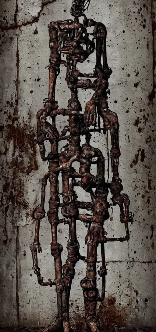 Image similar to a disfigured humanoid figure made out of rusty pipes and machinery, horror, body horror, creepy, dark, disturbing, unsettling, hyperrealistic, dramatic,