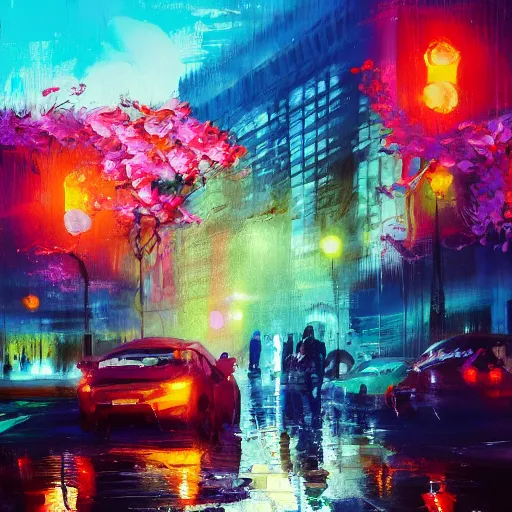 Image similar to acrylic painting, impressionism and expressionism, strong emotional impact, bold pastel colors, spring day, expressive brushstrokes, puddles, an art deco streetscape lined with beautiful flowers, by liam wong and tyler edlin, trending on artstation