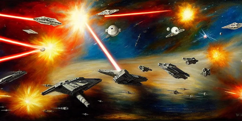 Prompt: Star Wars battle with several spaceships by William Turner, oil painting, low contrast, subtle colors, space scene with lens flare, giant red star in background, oil colors