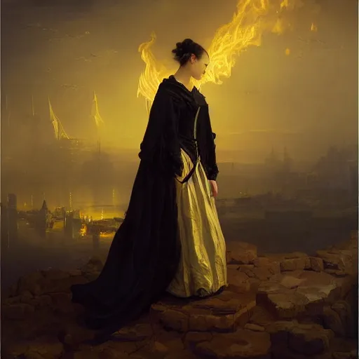 Image similar to portrait of a young women wearing a black cloak, the background is a burning city, highly detailed painting by aivazovski 8 k