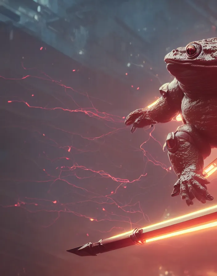 Image similar to a photo of a huge wide toad in a futuristic armor with glowing katana sword, cyberpunk, hyper realistic, hyper detailed, volumetric lightning, grainy film, octane render, 8k, raytracing