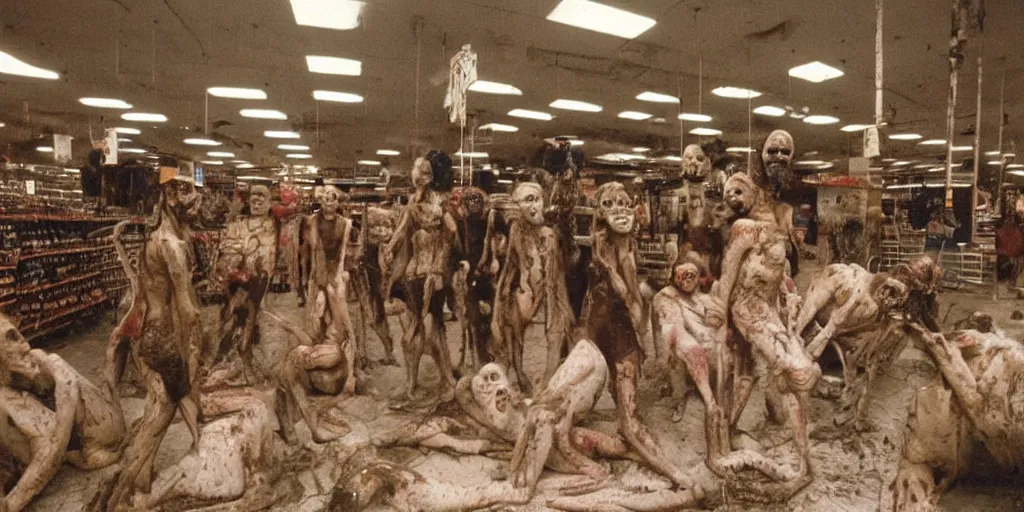 Image similar to studio happy creepy mud people inside a supermarket by bob bottin and cronenberg, horror grotesque, realistic detailed photography, filth and grim, colorized 1 9 9 0's