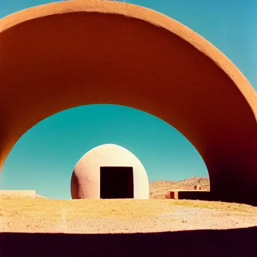 Image similar to a man wearing a green hoodie sitting outside a Non-Euclidean orb-like clay house sitting in the desert, vintage photo, beautiful cinematography, blue sky, film grain, wide angle, far away, James Turrell