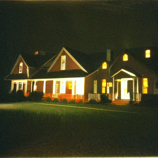 Image similar to a foggy high flash photo of a suburban home from the street at night, 2 0 0 6, taken with a disposable camera