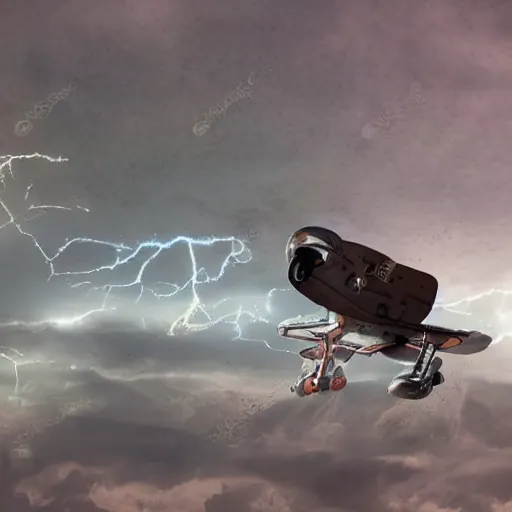 Image similar to futuristic flying car emerging from a circle of lightning in the sky, thunderstorm at night, 28mm dramatic photo